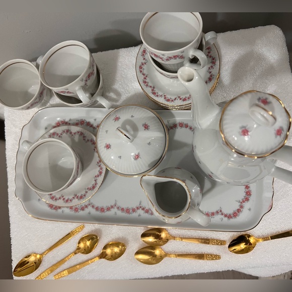 J.L. MENAU German Porcelain 22 Piece White Pink Floral Demitasse Coffee Tea Set - Picture 2 of 16